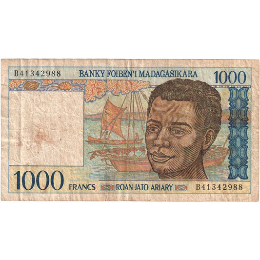 Madagaskar, 
  
  1000 frankov = 200 ariarjev, 
  
  F (12-15)