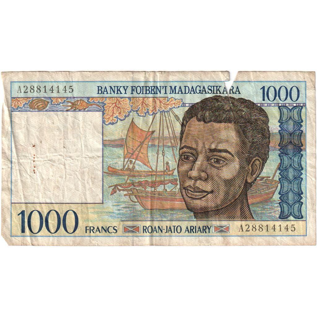 Madagaskar, 
  
  1000 frankov = 200 ariarjev, 
  
  G (4-6)