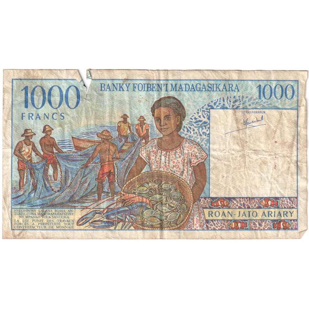 Madagaskar, 
  
  1000 frankov = 200 ariarjev, 
  
  G (4-6)