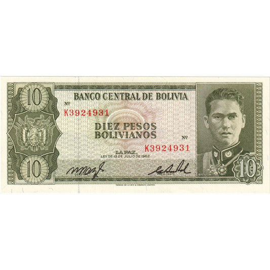 Bolivija, 
  
  10 bolivijskih pesosov, 
  
  1962