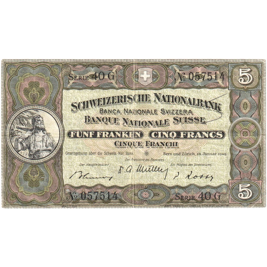 Švica, 
  
  5 frankov, 
  
  1949-01-20