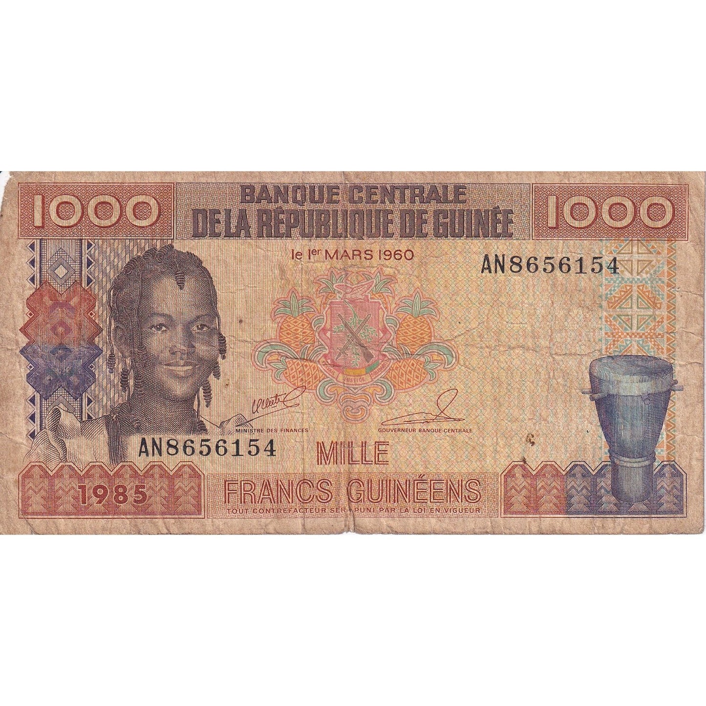 Gvineja, 
  
  1000 frankov, 
  
  1985