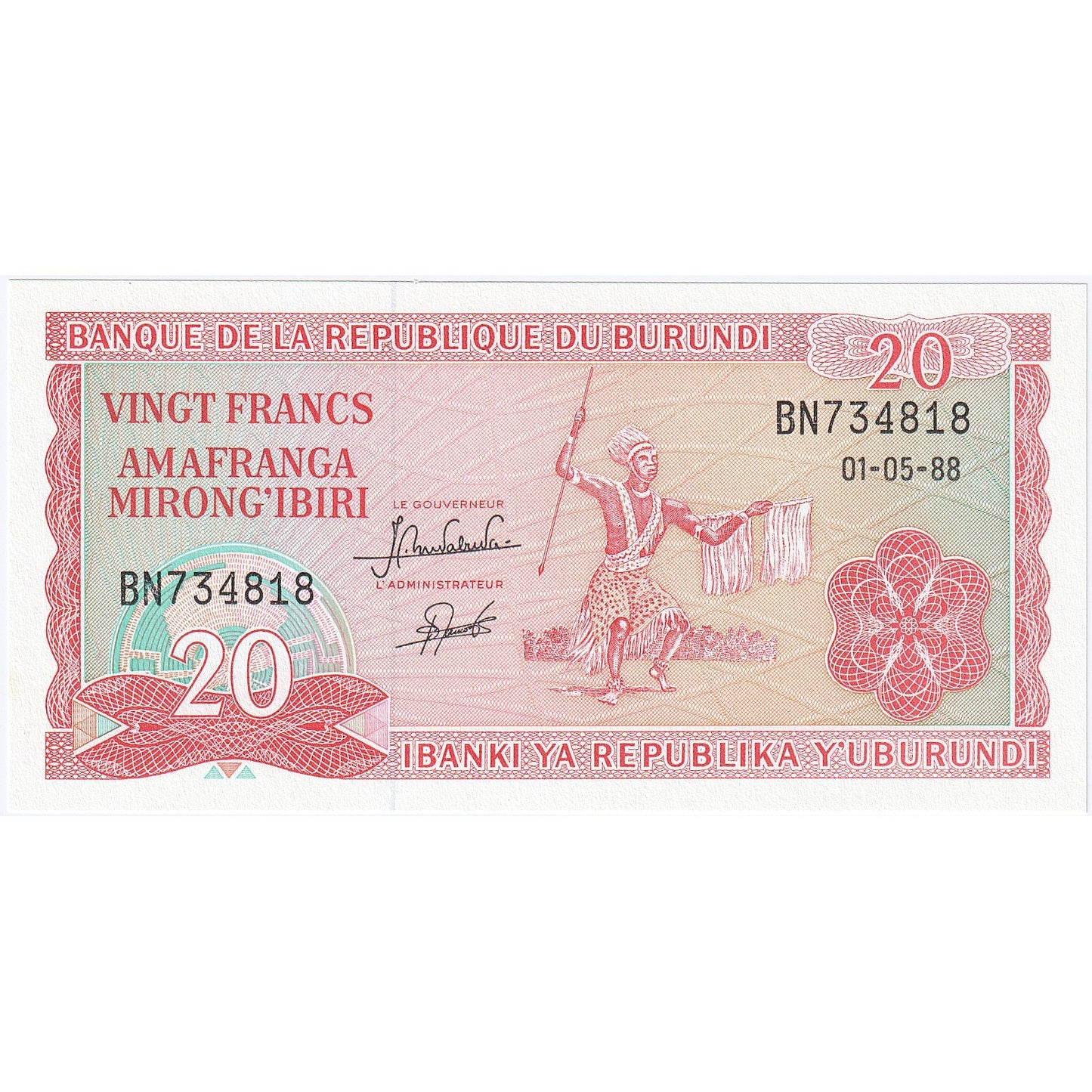 Burundi, 
  
  20 frankov, 
  
  1988