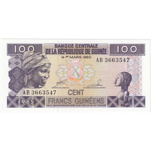 Gvineja, 
  
  100 frankov, 
  
  1985