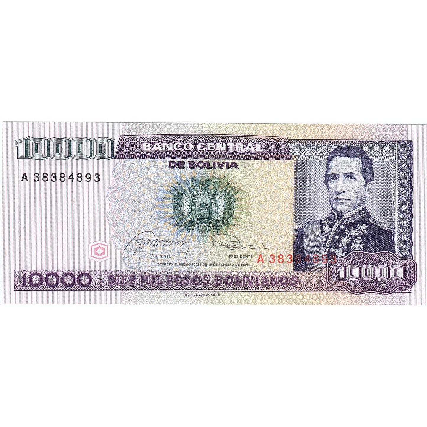 Bolivija, 
  
  10, 
  
  000 bolivijskih pesov