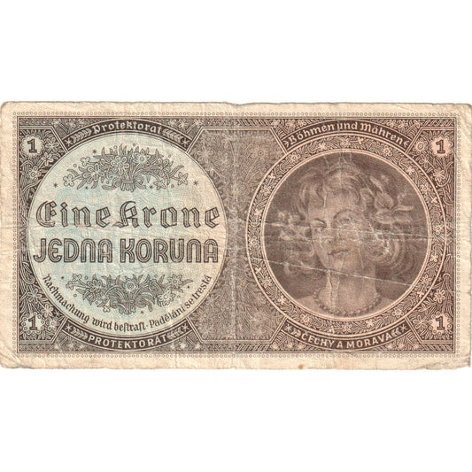 Bohemija in Moravska, 
  
  1 krona, 
  
  VF (30-35)