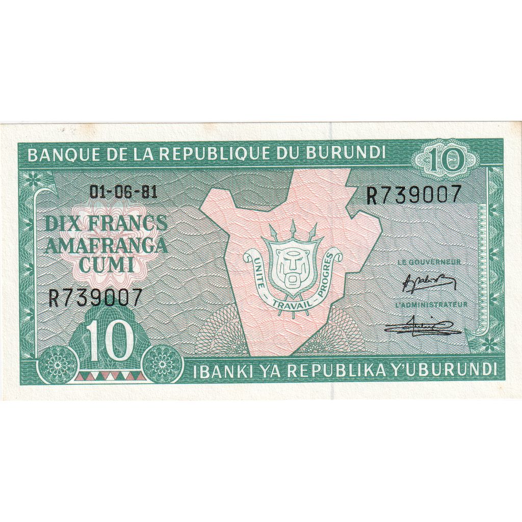 Burundi, 
  
  10 frankov, 
  
  1981-06-01