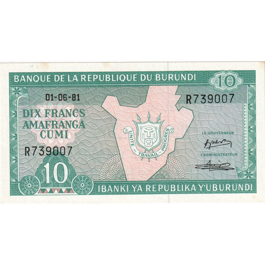 Burundi, 
  
  10 frankov, 
  
  1981-06-01