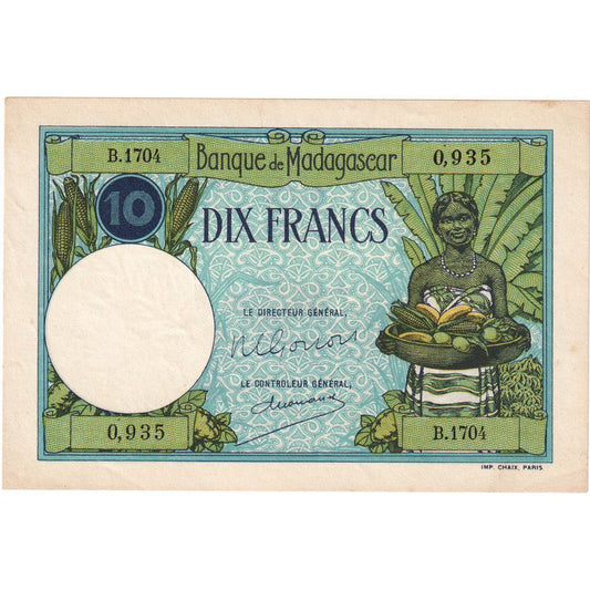 Madagaskar, 
  
  10 frankov, 
  
  Brez datuma (1937-47)